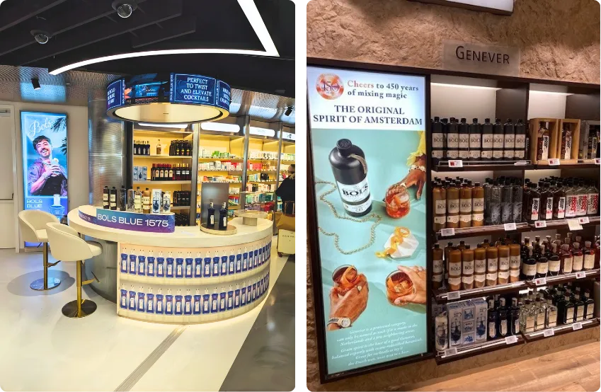 Bols Blue 1575 Tasting Bar and the Bols Genever back-wall at Schiphol Airport, Amsterdam